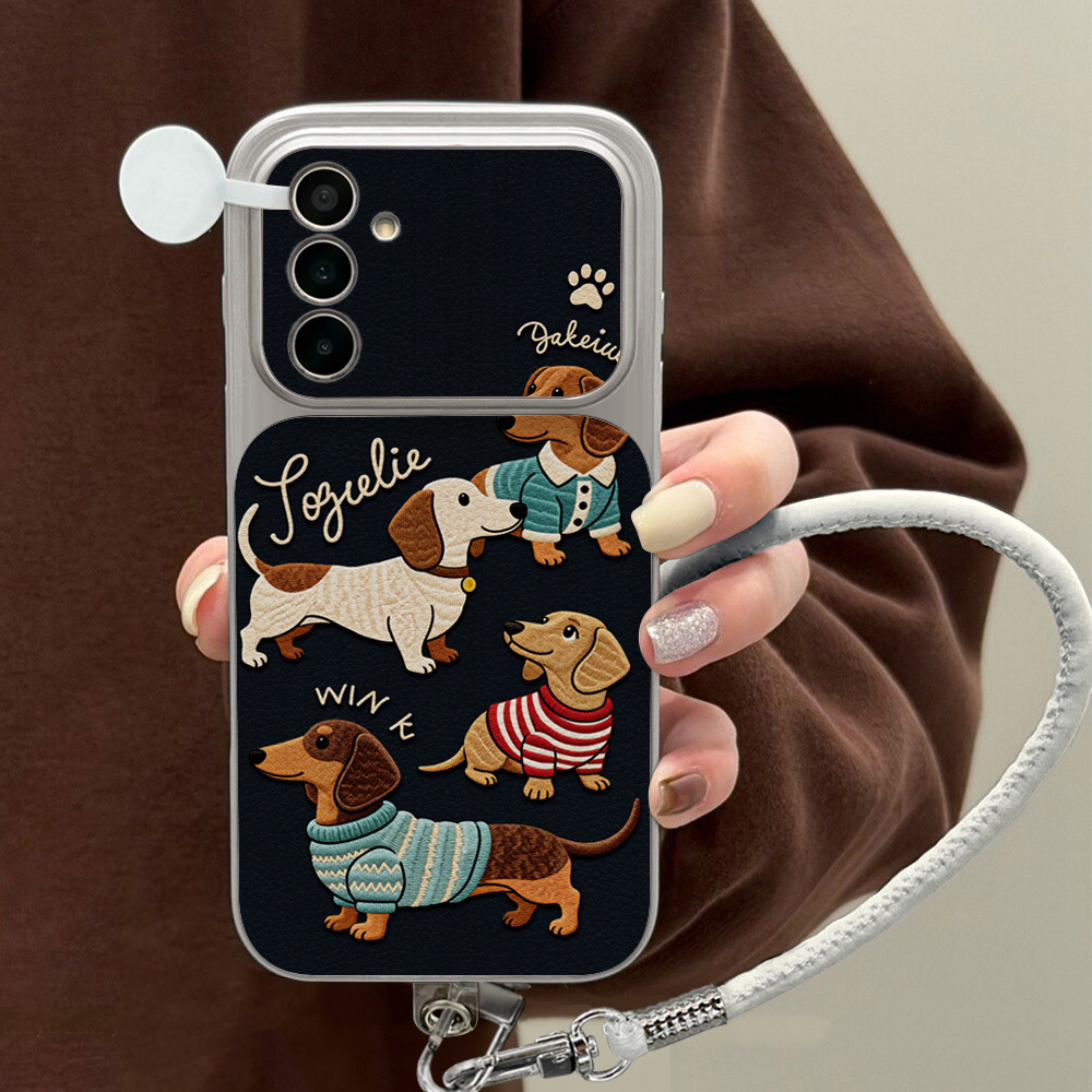 Phone Cases Leather - 漫画風ダックスフント柄スマホケース サムスン A56 A55 A57 A36