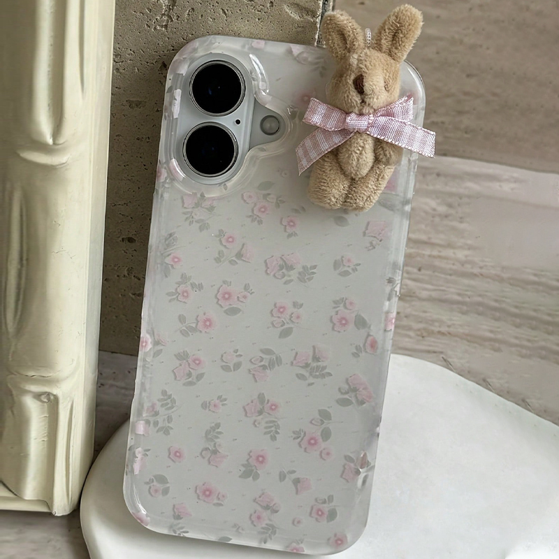 Phone Cases Pinterest - 3D格子模様の弓と茶色のウサギと花柄のiPhoneケース（iPhone 17 Air、16、15、14、13、12、11 Pro Max、7、8 Plus、16e、X、XR、XS