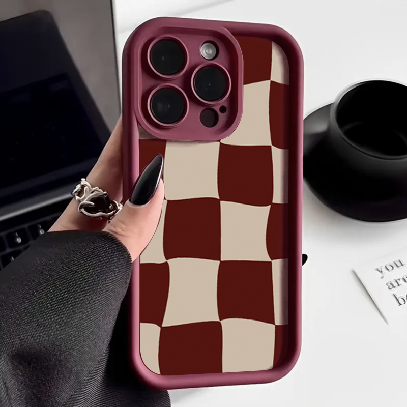 Phone Cases Red - ワインレッドの変形グリッド柄iPhoneケース (iPhone 17 Air、16、15、14、13、12、11 Pro Max、X、XS、XR、7、8